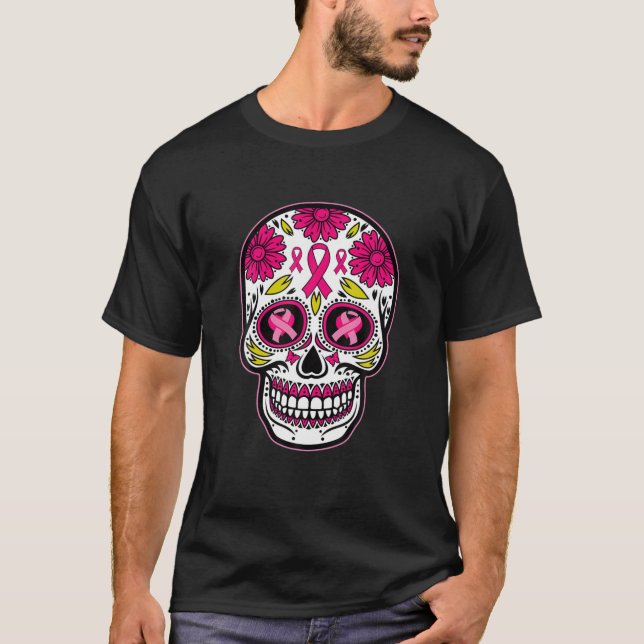 Sugar Skull Rosa Ribbon Calavera Brustkrebs Awa T-Shirt (Vorderseite)
