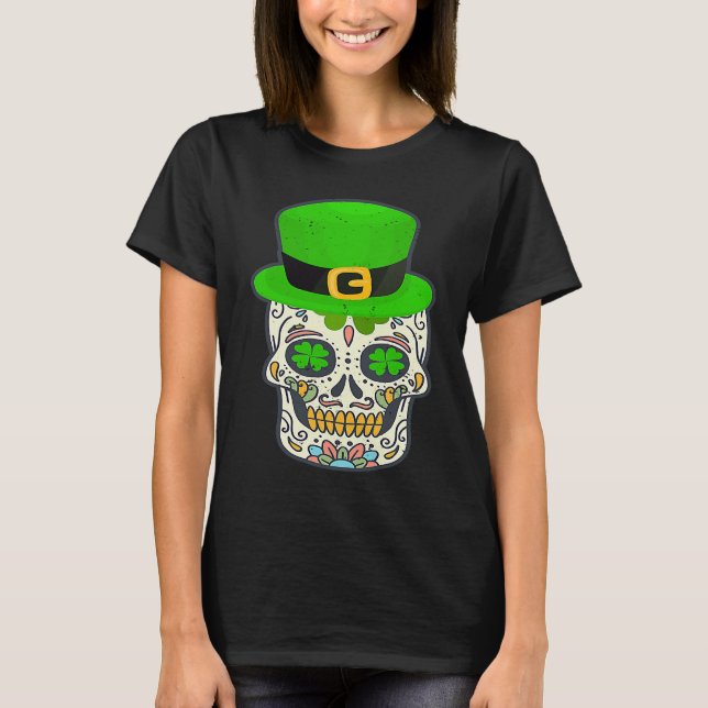Sugar Skull Saint Patricks Day Of Dead Lucky Hallo T-Shirt (Vorderseite)