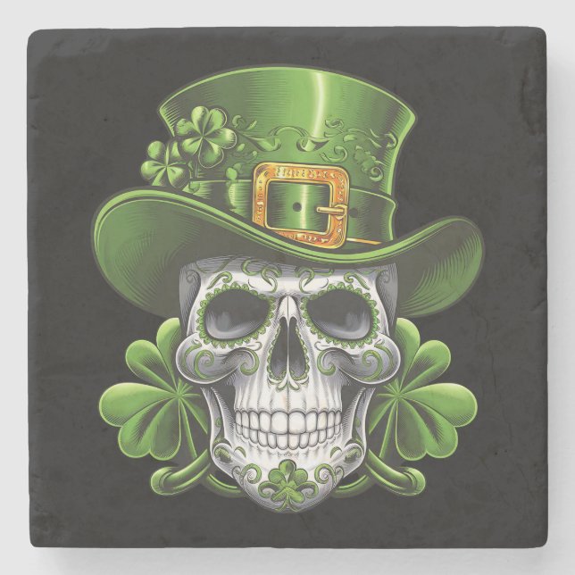 Sugar Skull St Patrick's Day Kleeblatt Steinuntersetzer (Vorderseite)