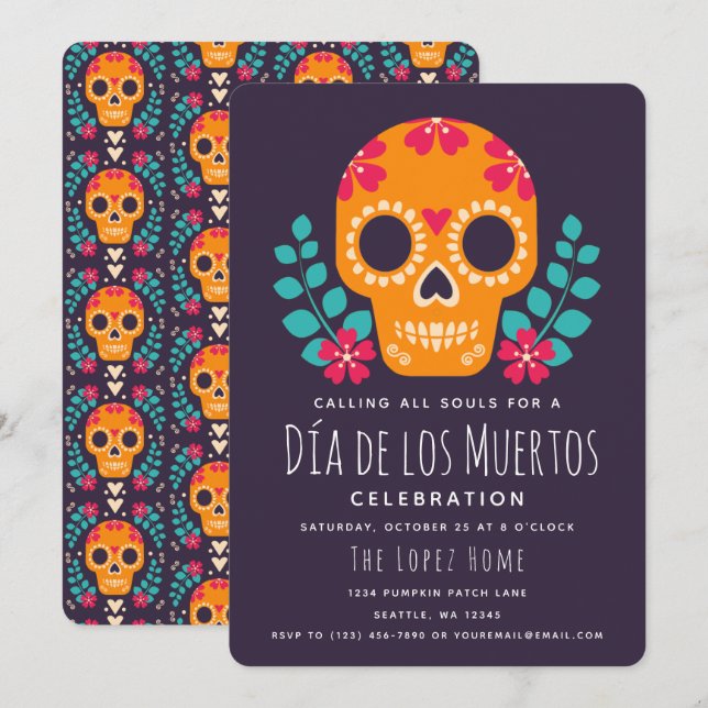 Sugar Skulls Día de los Muertos Celebration Einladung (Vorne/Hinten)