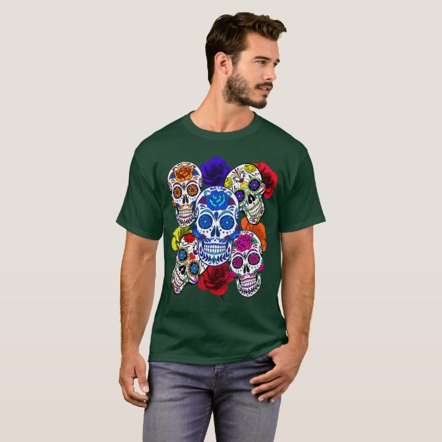 Sugar Skulls Farbenfrohe Rose Cinco Alle Soule Uni T-Shirt (Vorne ganz)