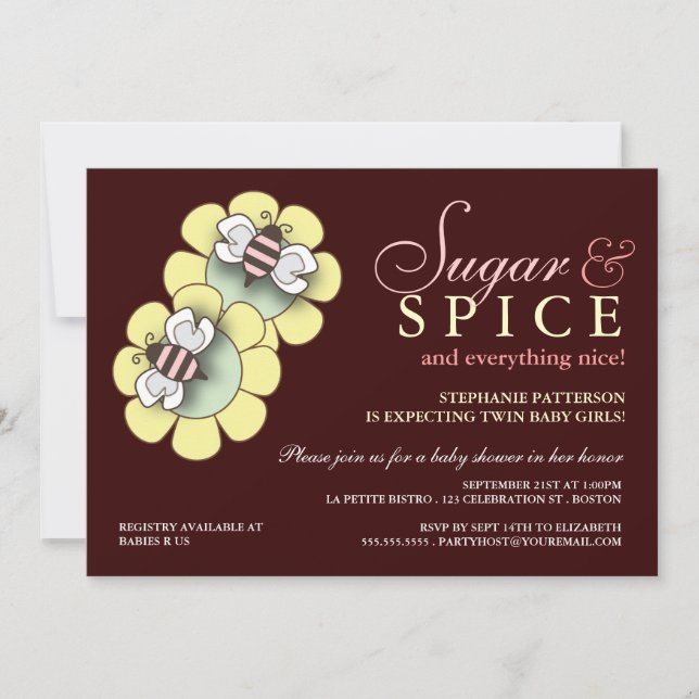 Sugar & Spice Twin Girl Babydusche Einladung (Vorderseite)