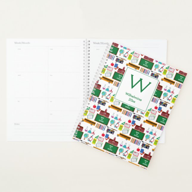 SUJETS SCOLAIRES Monogramme personnalisé Blanc/Ver (Devant avec enveloppe)