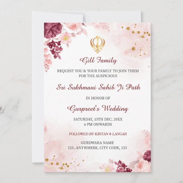 Sukhmani Sahib Path Invitation, Sikh Wedding Card Einladung (Vorderseite)