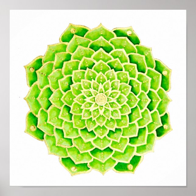 Sukkuläre grüne Blätter Gold Mandala Poster (Vorne)