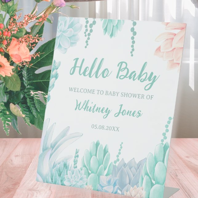 Sukkuläre Niedliche Kinderdusche Begrüßung Sockelschild (Succulent Watercolor Cute Boy Baby Shower Welcome Pedestal Sign)