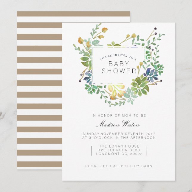 Sukkulärer Garten | Floral Watercolor Babydusche Einladung (Vorne/Hinten)