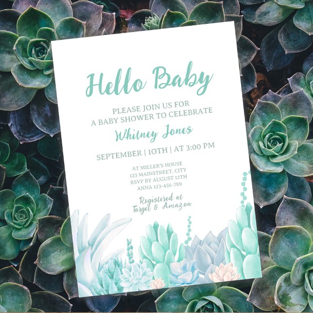 Sukkuläres Aquarell Mint Green Boy Baby Dusche Einladung (Succulent Watercolor Mint Green Boy Baby Shower Invitation)