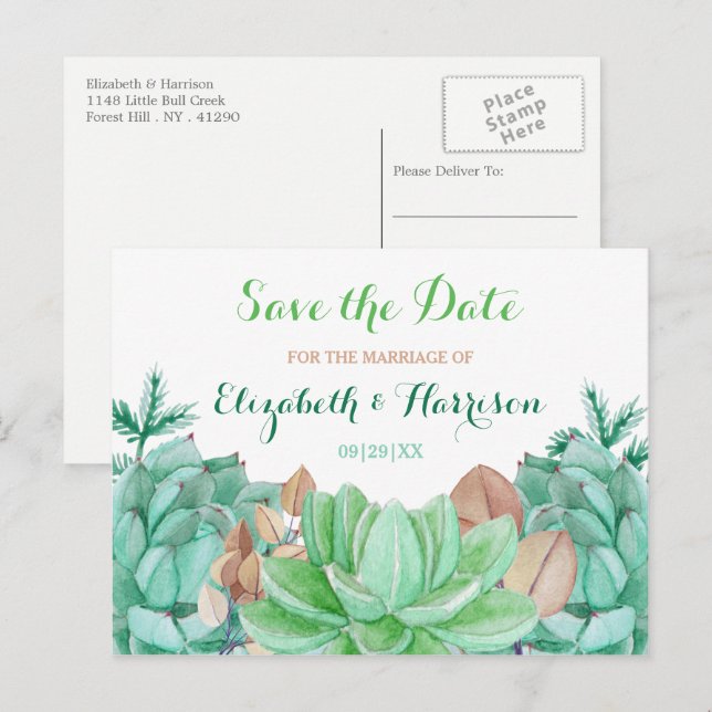 Sukkuläres Bouquet Botanisches Save the Date Ankündigungspostkarte (Vorne/Hinten)