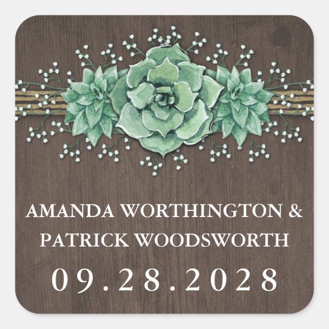 Sukkuläres Gipskraut Rustikale Hochzeitsticker Quadratischer Aufkleber (Vorderseite)