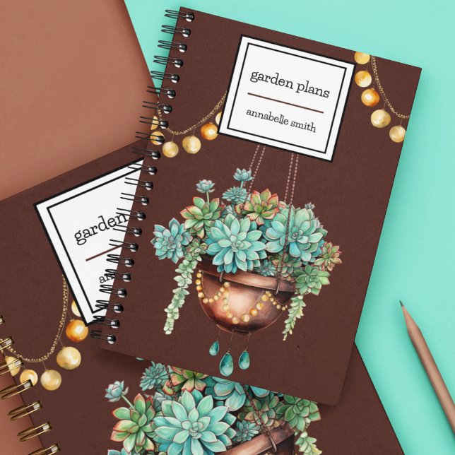 Sukkulent in Kupfer und türkisfarbenem Pot Notizblock (Cute plants in copper and aqua  on a spiral notebook you can personalize.  Great for plant lovers. )