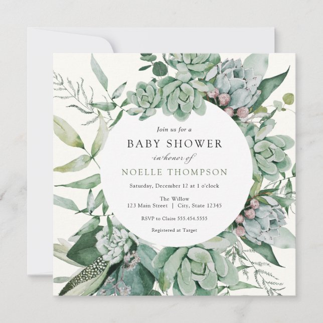 Sukkulent und Eukalyptus Greenery Baby Dusche Einladung (Vorderseite)