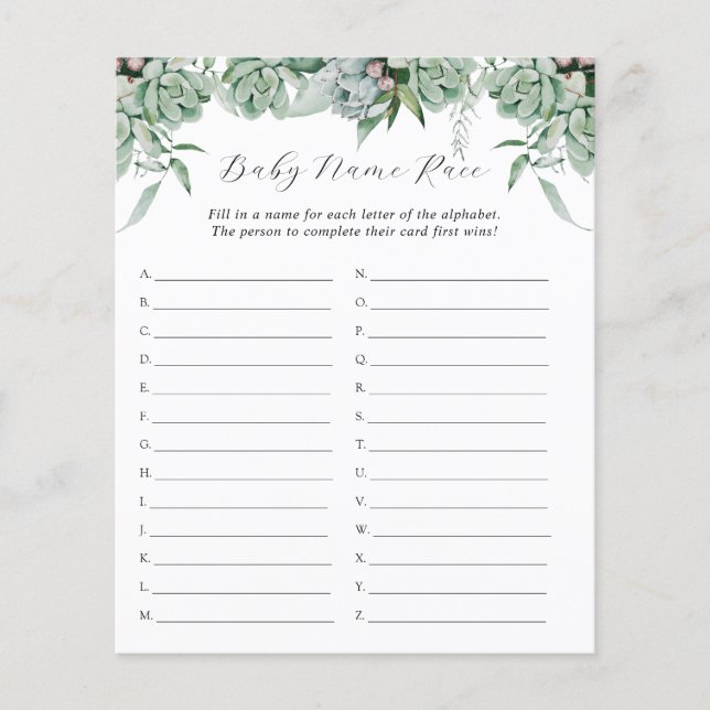 Sukkulent und Eukalyptus Greenery Baby Name Race (Vorderseite)