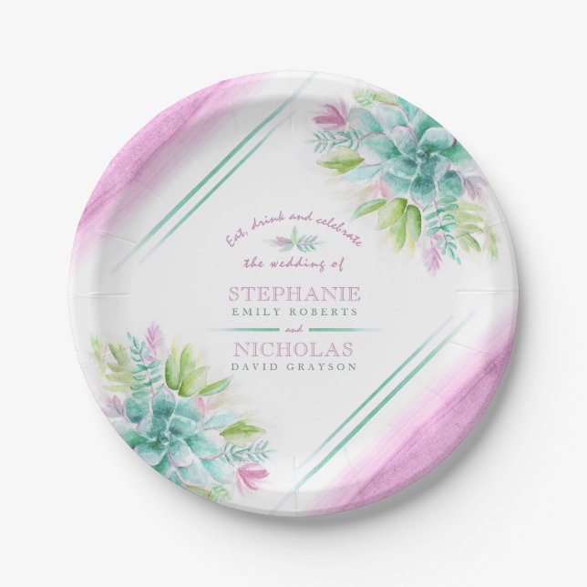 Sukkulente Aquarellfarben Teller für Hochzeiten (Vorderseite)