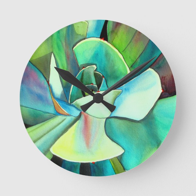 Sukkulente blaue und grüne Wüstenkunst Runde Wanduhr (Vorderseite)