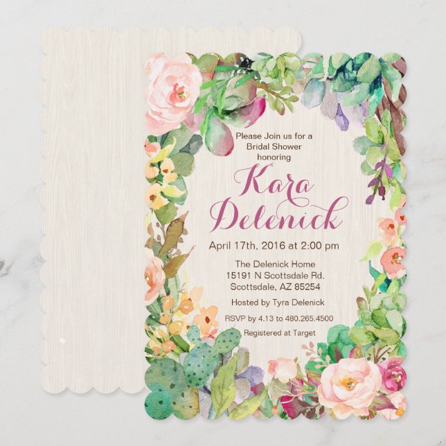 Sukkulente Blumenkaktus Bridal Dusche Einladung (Vorne/Hinten)