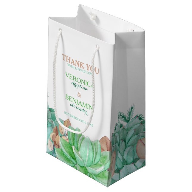 Sukkulente Bouquet Botanische Blumenhochzeit Kleine Geschenktüte (Vorderseite Schrägansicht)