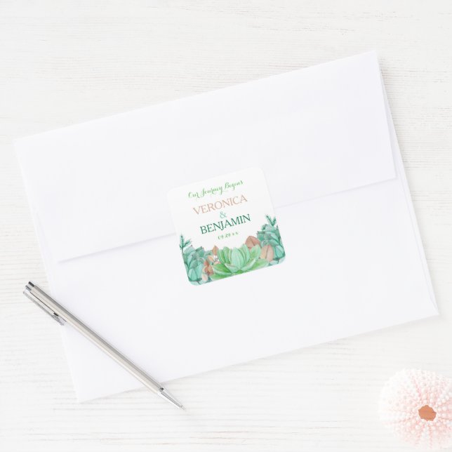 Sukkulente Bouquet-Hochzeit mit botanischer Flora  Quadratischer Aufkleber (Umschlag)