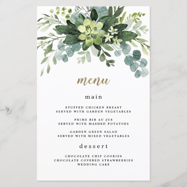 Sukkulente Eukalyptus Greenerity Wedding Menu Card (Vorderseite)