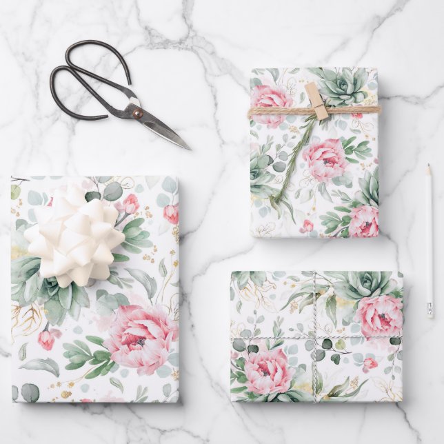 Sukkulente Goldgrün und rosa Blume Elegant Geschenkpapier Set (Vorderseite)