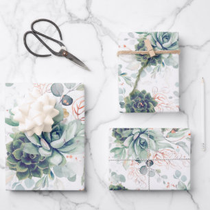Sukkulente Grünpflanzen und Rose Gold Eukalyptus- Geschenkpapier Set