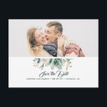Sukkulente Grünpflanzen Weiße Rose Save the Date F Ankündigungspostkarte<br><div class="desc">Sukkuline und weiße Blume Save the Date Foto Postkarte</div>