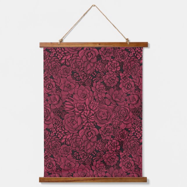 Sukkulente in Viva Magenta - Farbe des Jahres Wandteppich Mit Holzrahmen (Vorderseite)