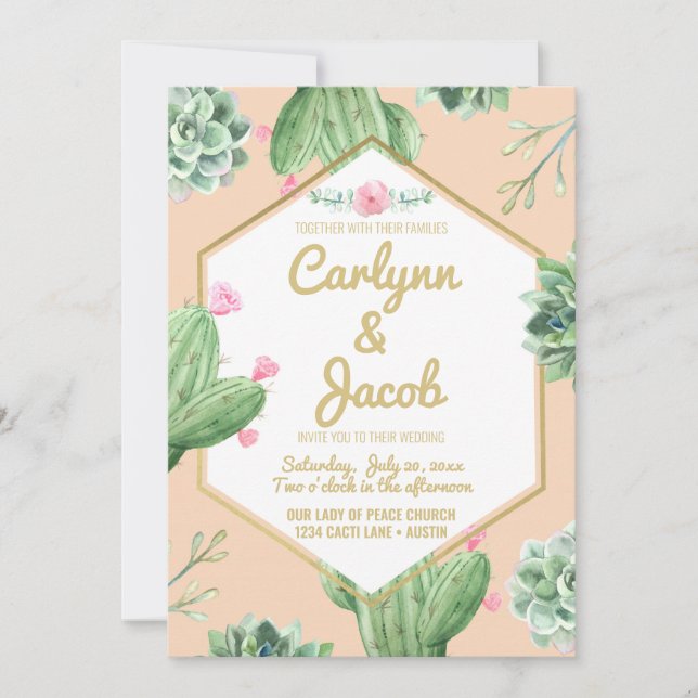 Sukkulente Kaktus Hochzeitseinladung Gold und Rosa Einladung (Vorderseite)
