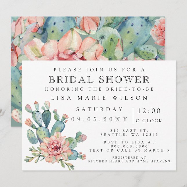 Sukkulente Kaktus Rose Bridal Dusche Einladung (Vorne/Hinten)