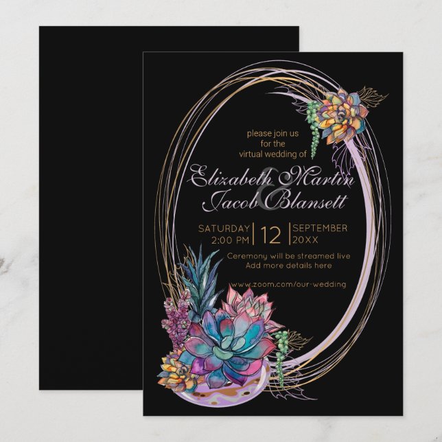 Sukkulente, lila, schwarze, virtuelle Hochzeit Einladung (Vorne/Hinten)