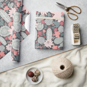 Sukkulente Pflanze und Kaktusmuster in rosa Minze Geschenkpapier