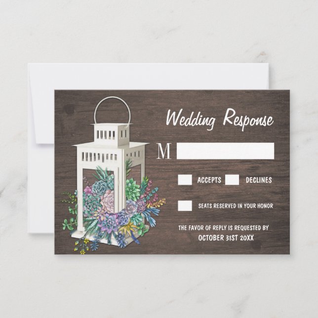 Sukkulente Rustikale Holzlattern Hochzeitskarten RSVP Karte (Vorderseite)
