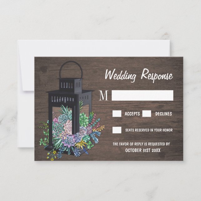 Sukkulente Rustikale Holzlattern Hochzeitskarten RSVP Karte (Vorderseite)