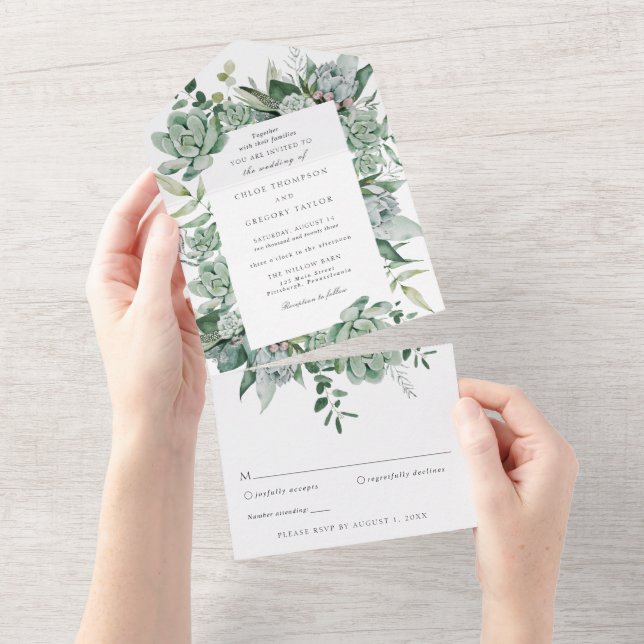 Sukkulente und Eukalyptus-Grüne Hochzeit All In One Einladung (Abreißen)