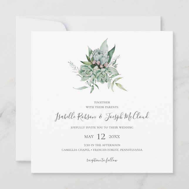 Sukkulente Vegetation | Dunkelgrüne Hochzeit Einladung (Vorderseite)