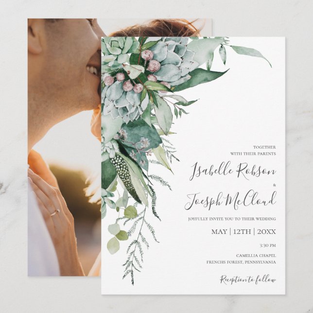 Sukkulente Vegetation | Lässige Hochzeit von Foto Einladung (Vorne/Hinten)
