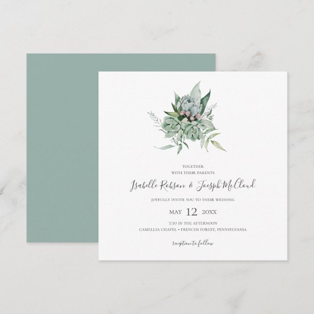 Sukkulente Vegetation | Sage Green Square Wedding Einladung (Vorne/Hinten)