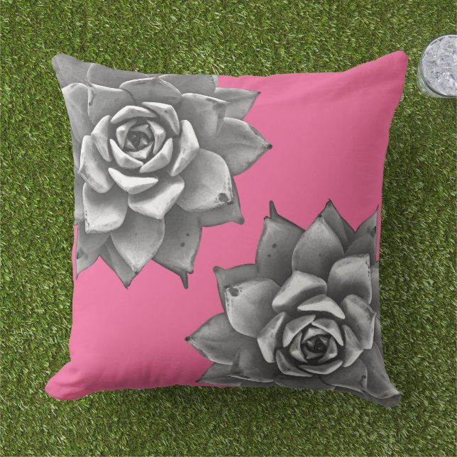 Sukkulente Wasserfarbe Grau auf Hot Pink Kissen (Gras)