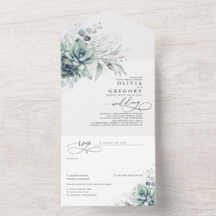 Sukkulenten Grün und Silber Blätter Hochzeit All In One Einladung