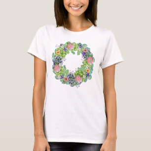 Sukkulenten-Wasserfarben-Blumenkranz T-Shirt
