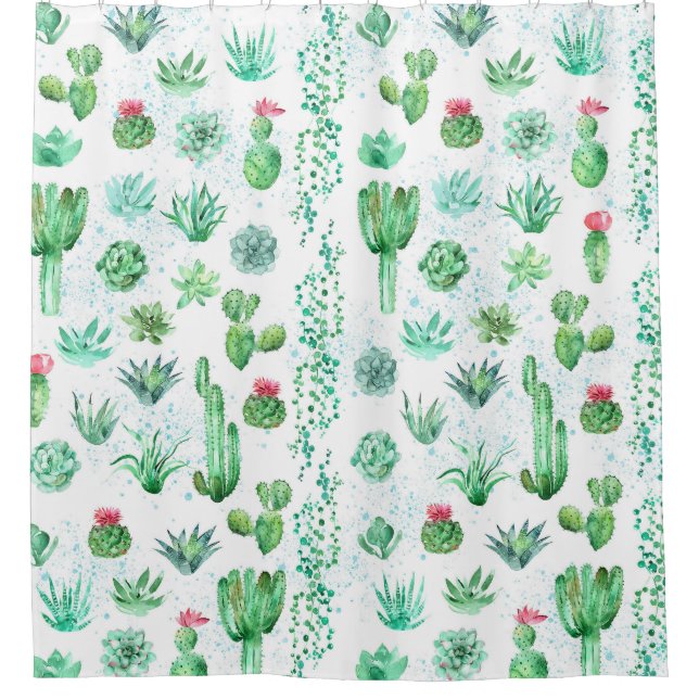 Sukkulenter Garten: Aquarellfarbener, nahtloser Hi Duschvorhang (Vorderseite)