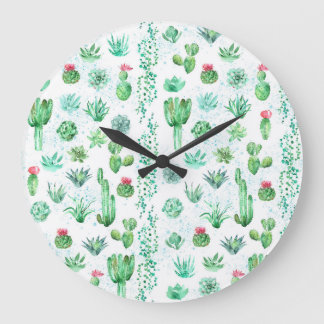 Sukkulenter Garten: Aquarellfarbener, nahtloser Hi Große Wanduhr