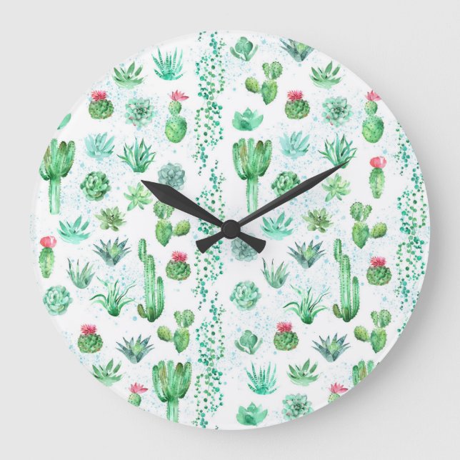Sukkulenter Garten: Aquarellfarbener, nahtloser Hi Große Wanduhr (Vorderseite)