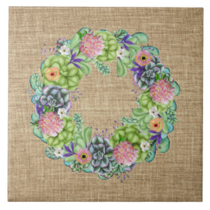 Sukkulenter Wasserfarben-Blumenkranz auf Beige Fliese