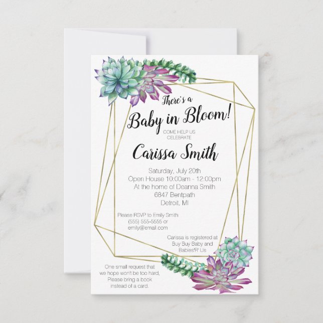 Sukkulentes Baby in Bloom Baby Dusche Einladung (Vorderseite)