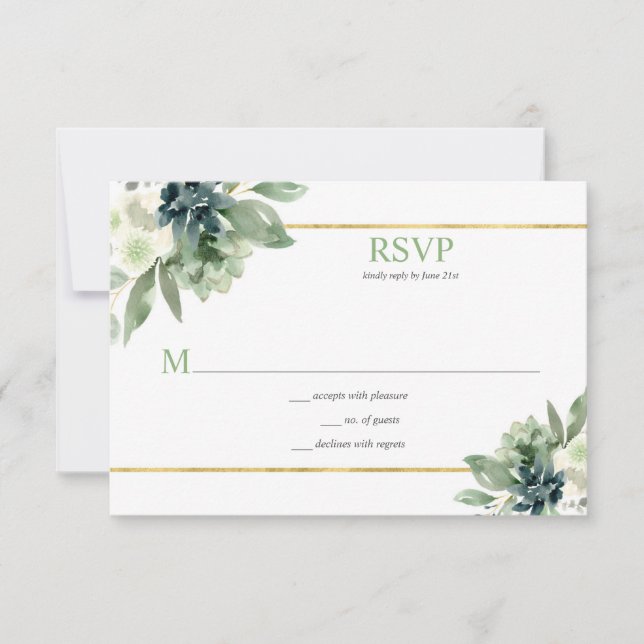 Sukkulturen, Gold, weiße Blume - Frühlinggrün RSVP Karte (Vorderseite)