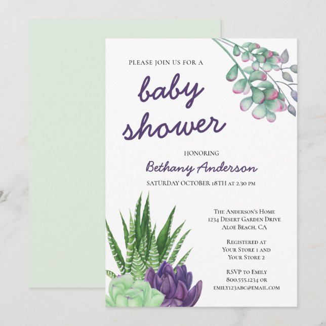 Sukkulturen und Aloe Vera Wasserfarbe Babydusche Einladung (Vorne/Hinten)