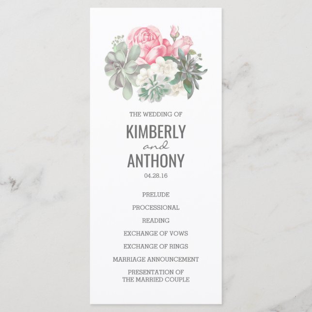 Sukkulturen und rosa Rosen Elegante Hochzeitsprogr Programm (Vorderseite)