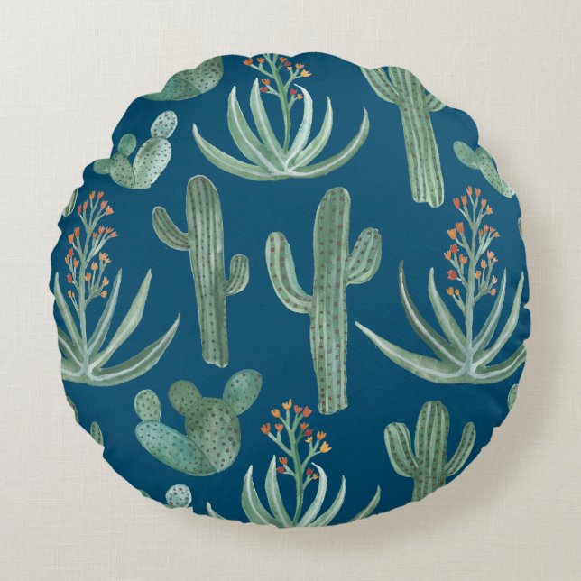 Sukkulturen und saguaro cacti Pflanze auf blau Rundes Kissen (Vorderseite)