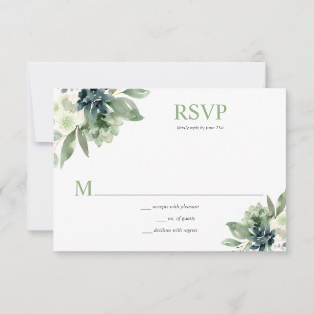 Sukkulturen und weiße Blume - Frühlingsgrün RSVP Karte (Vorderseite)